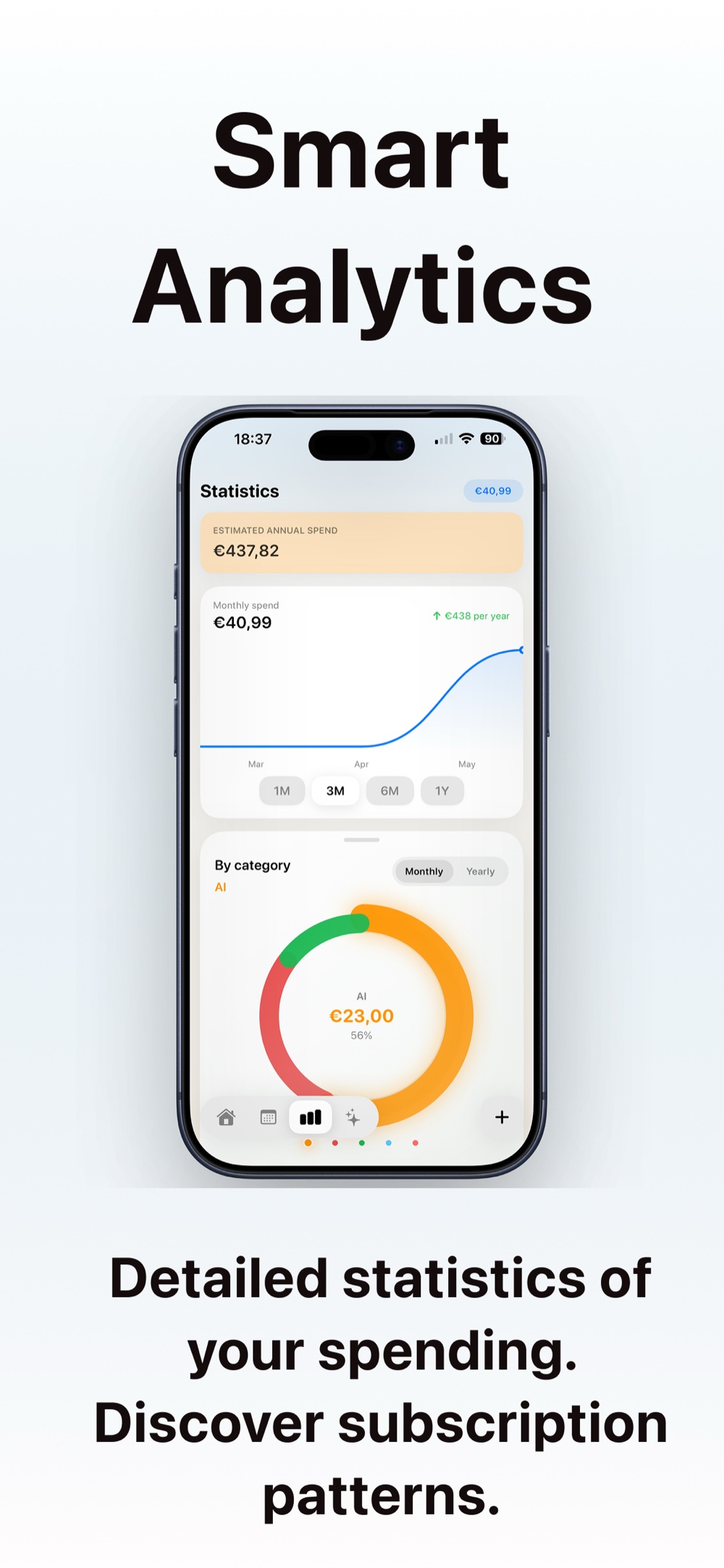 Trackle statistics screen with monthly trend and category chart
