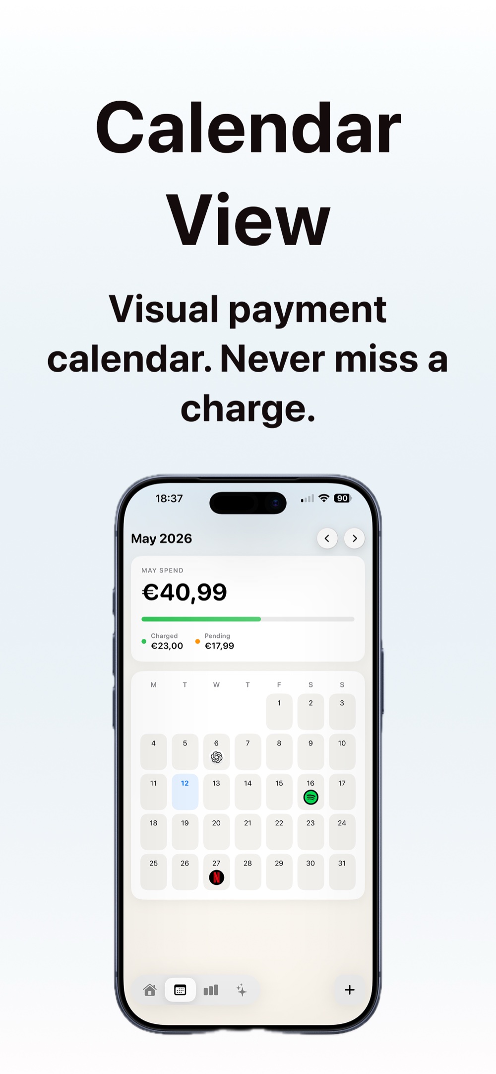 Trackle calendar view with subscription renewals