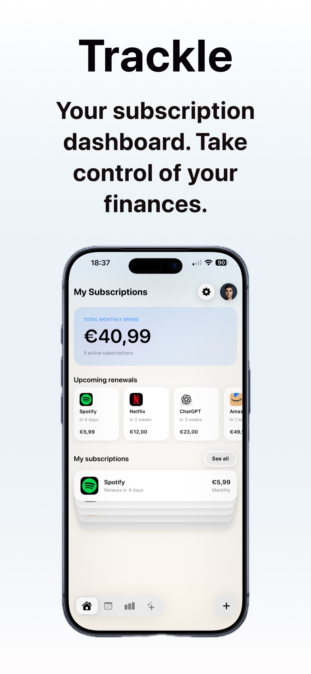 Trackle home screen dashboard