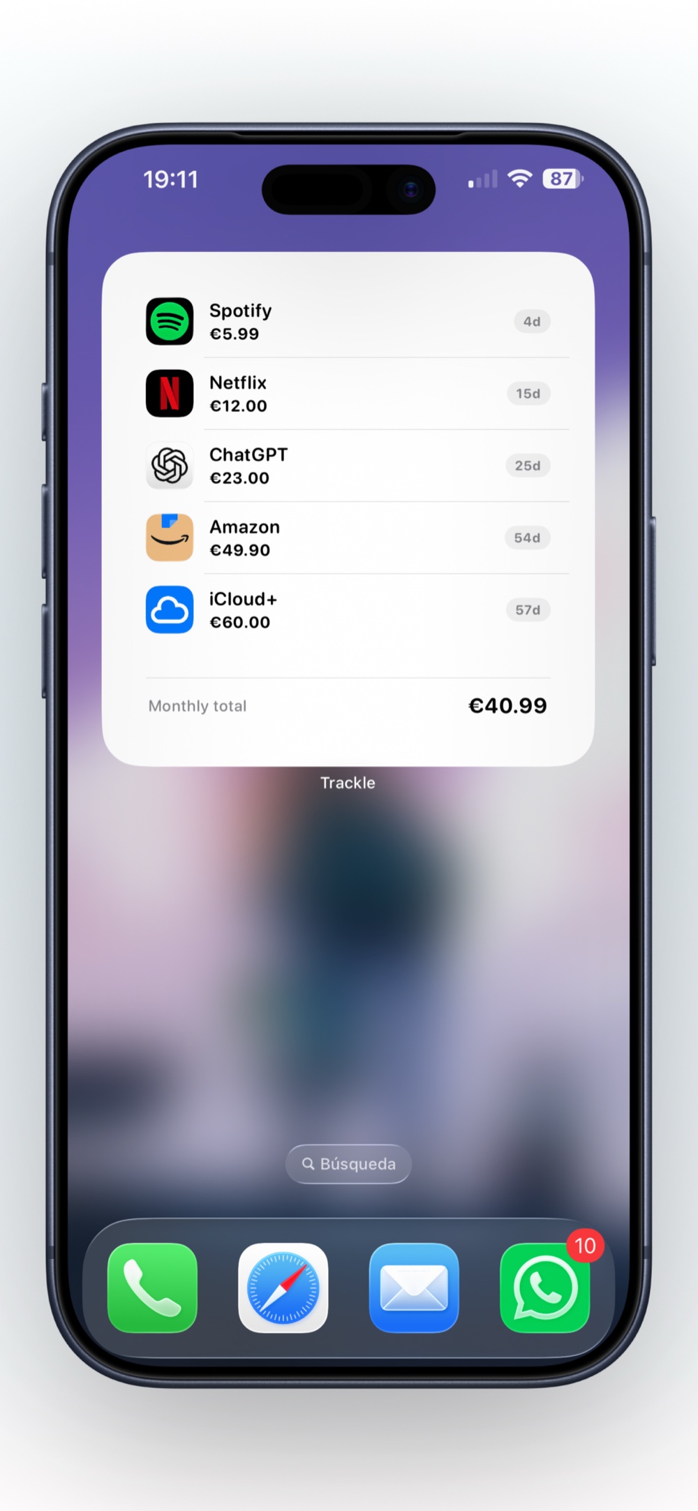 Trackle medium widget with subscriptions list