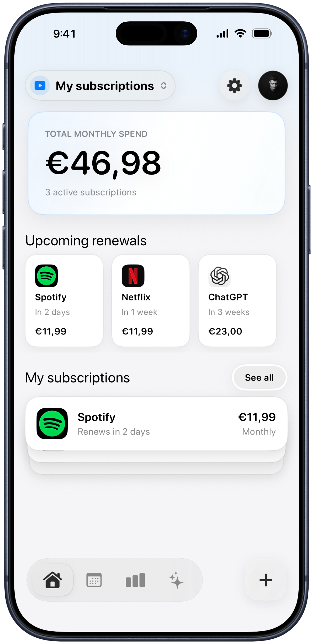 Trackle subscriptions dashboard on iPhone