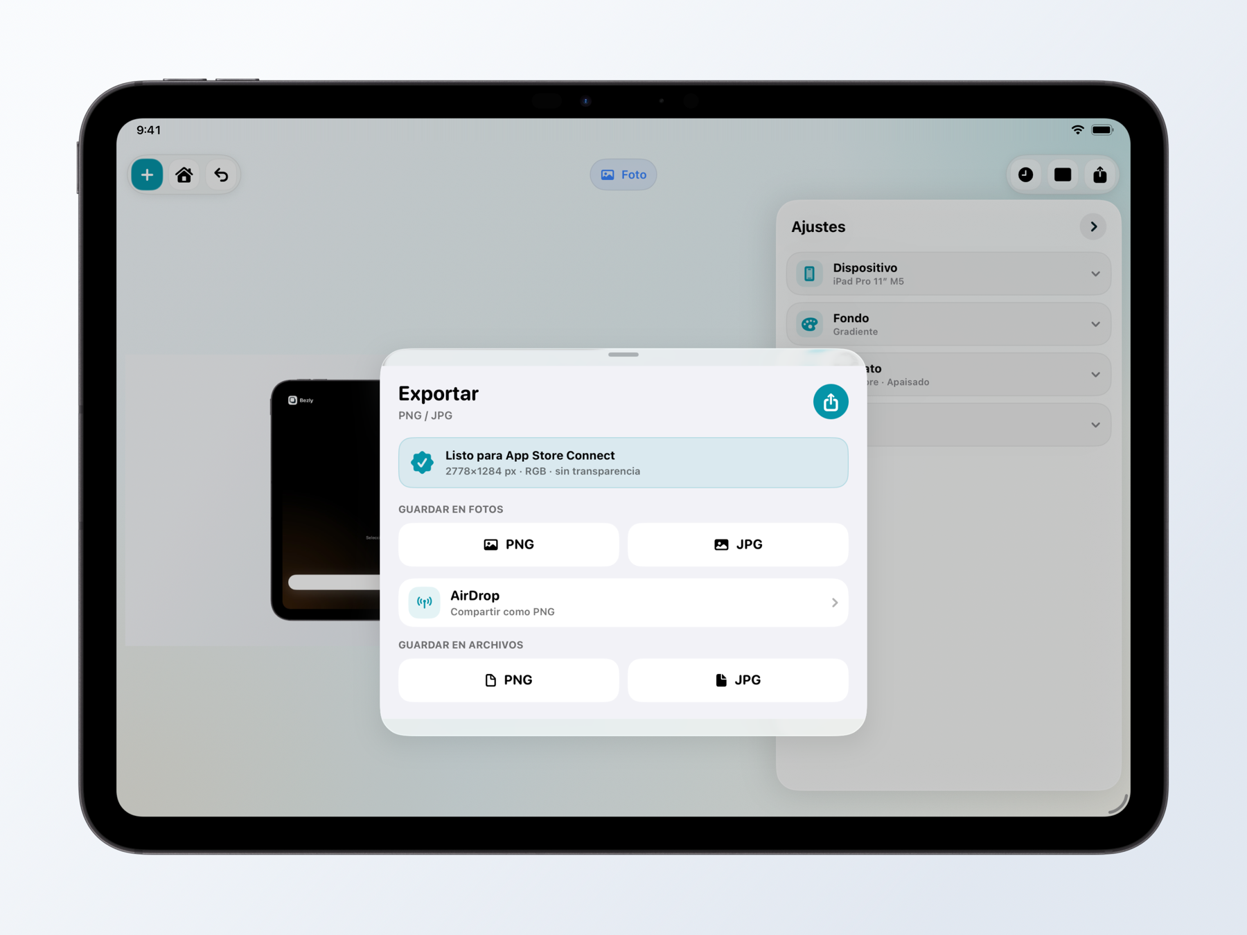 Bezly exportando un mockup en iPad